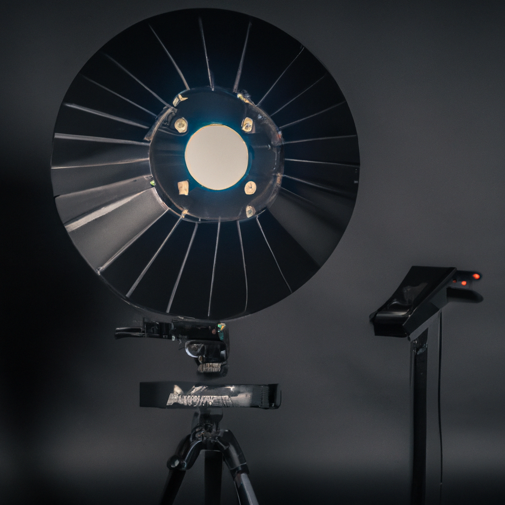 Mateo Rojas, asistente de iluminación montando trípode con reflector parabólico